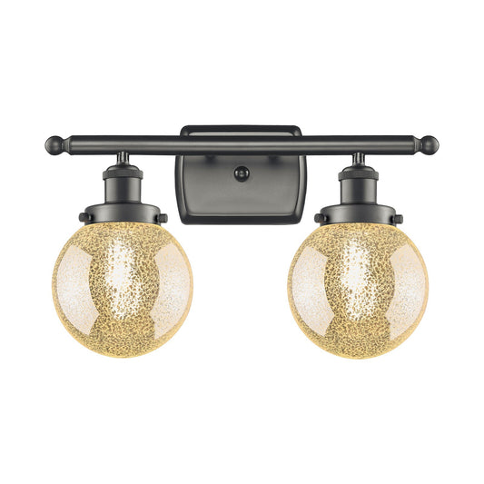Innovations Beacon 16in 2-Light Bath Vanity Light | Oil Rubbed Bronze Steel and Mercury Glass Globe Shade | Bathroom Vanity | Model 916-2W-OB-G208-6