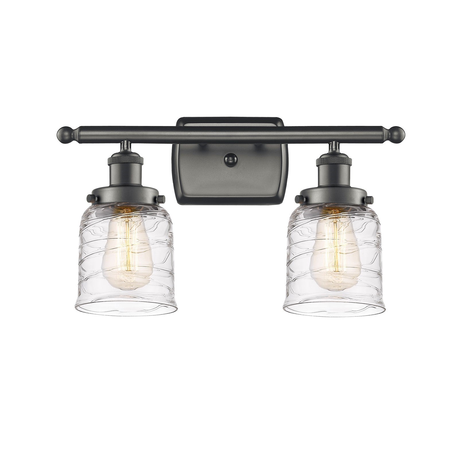 Innovations Bell 16in 2-Light Bath Vanity Light | Industrial Oil Rubbed Bronze Steel and Clear Deco Swirl Glass | Bathroom | Model 916-2W-OB-G513-LED
