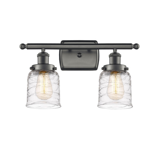 Innovations Bell 16in 2-Light Bath Vanity Light | Industrial Oil Rubbed Bronze Steel and Clear Deco Swirl Glass | Bathroom | Model 916-2W-OB-G513-LED