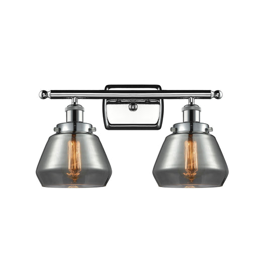 Innovations Fulton 17in 2-Light Bath Vanity Light | Modern Transitional Polished Chrome and Light Smoked Glass Schoolhouse Shade | Model 916-2W-PC-G173