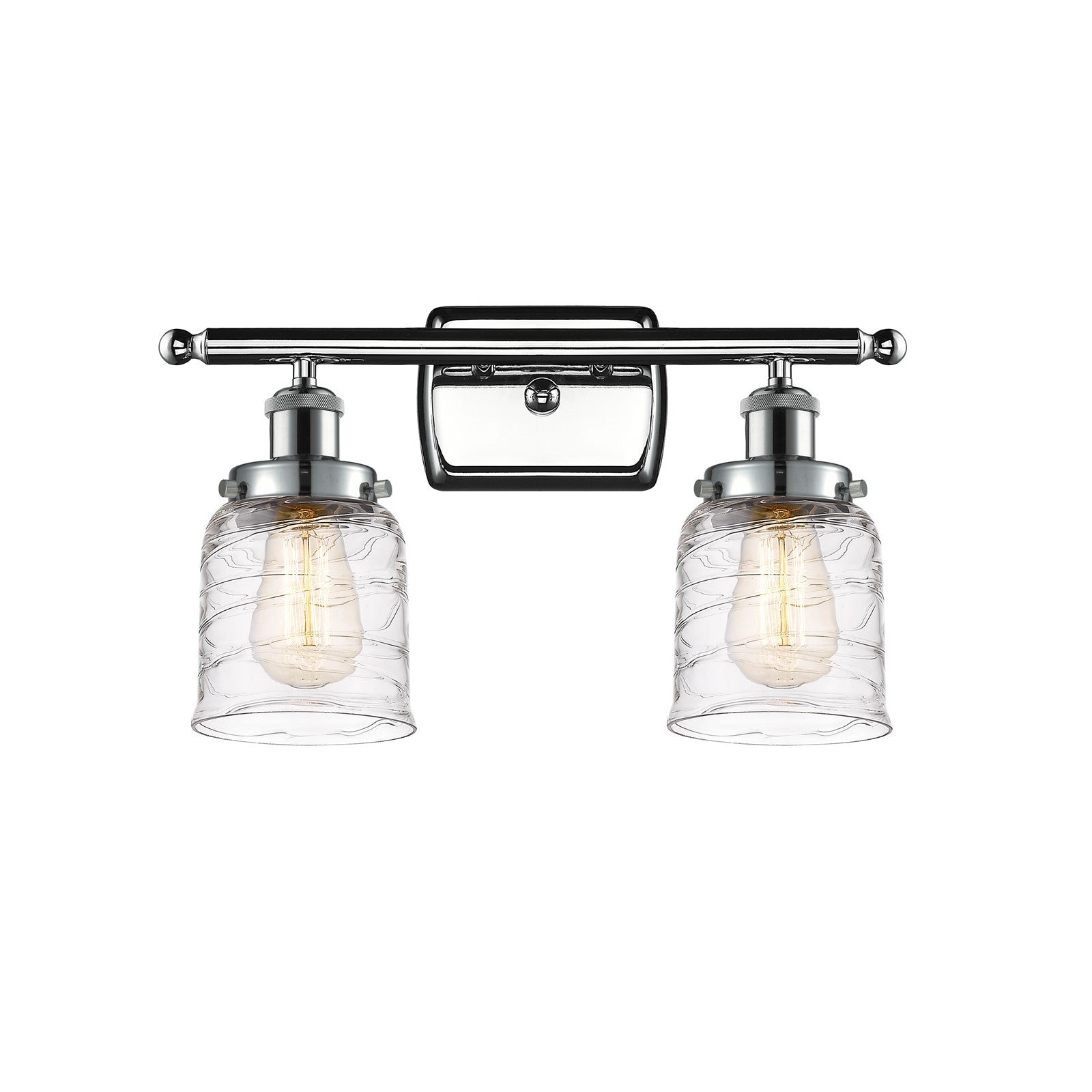 Innovations Bell 16in 2-Light Bath Vanity | Industrial Transitional Polished Chrome and Clear Deco Swirl Glass | Bathroom | Model 916-2W-PC-G513-LED