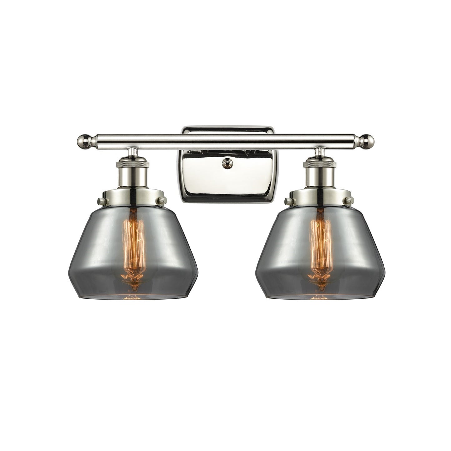 Innovations Fulton 17in 2-Light Bath Vanity Light | Modern Contempo Polished Nickel Steel and Light Smoke Glass Schoolhouse Shade | Model 916-2W-PN-G173