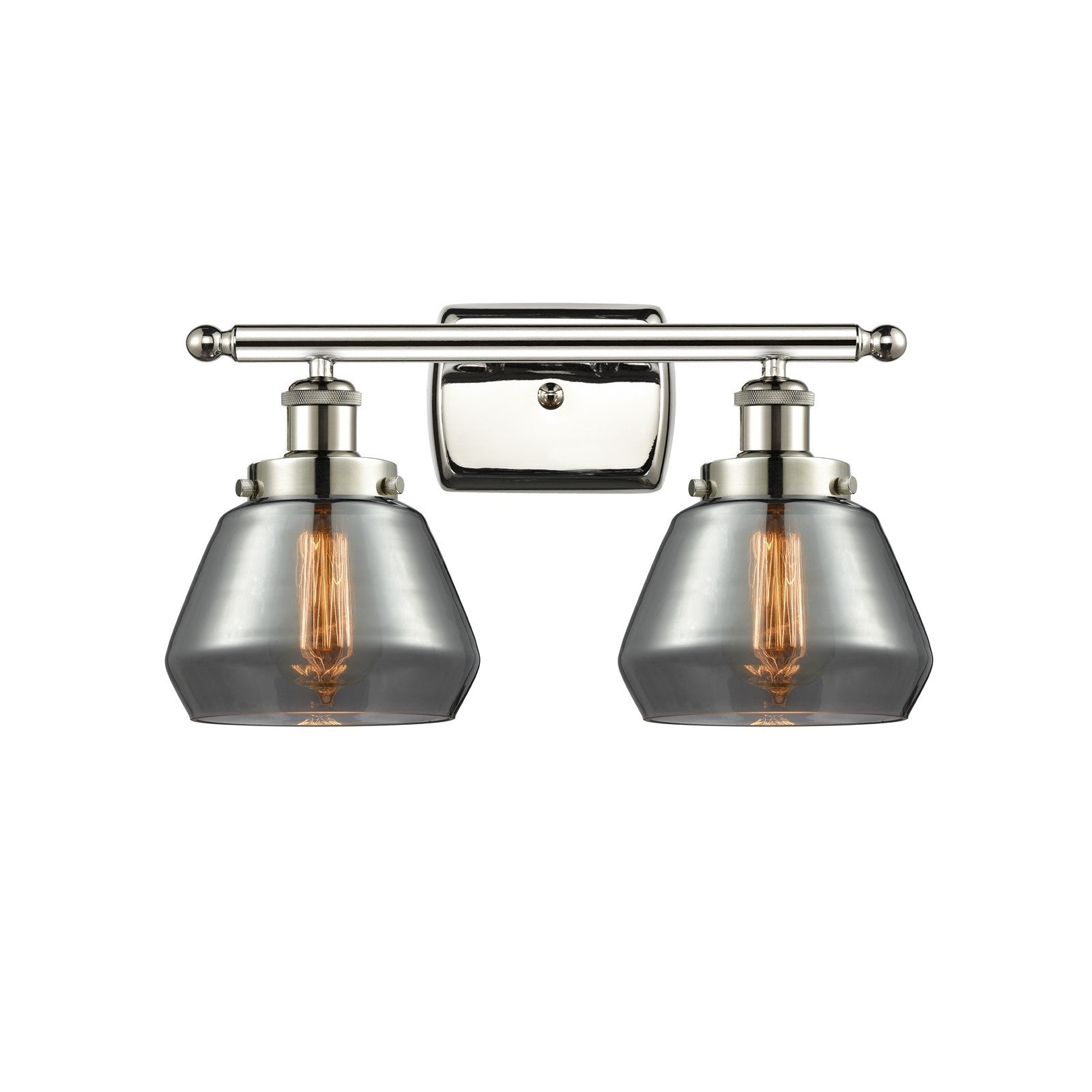 Innovations Fulton 17in 2-Light Bath Vanity Light | Modern Contempo Polished Nickel Steel and Light Smoke Glass Schoolhouse Shade | Model 916-2W-PN-G173