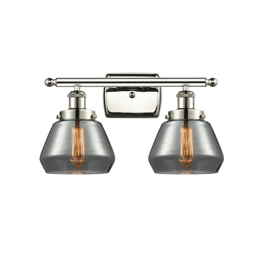 Innovations Fulton 17in 2-Light Bath Vanity Light | Modern Contempo Polished Nickel Steel and Light Smoke Glass Schoolhouse Shade | Model 916-2W-PN-G173