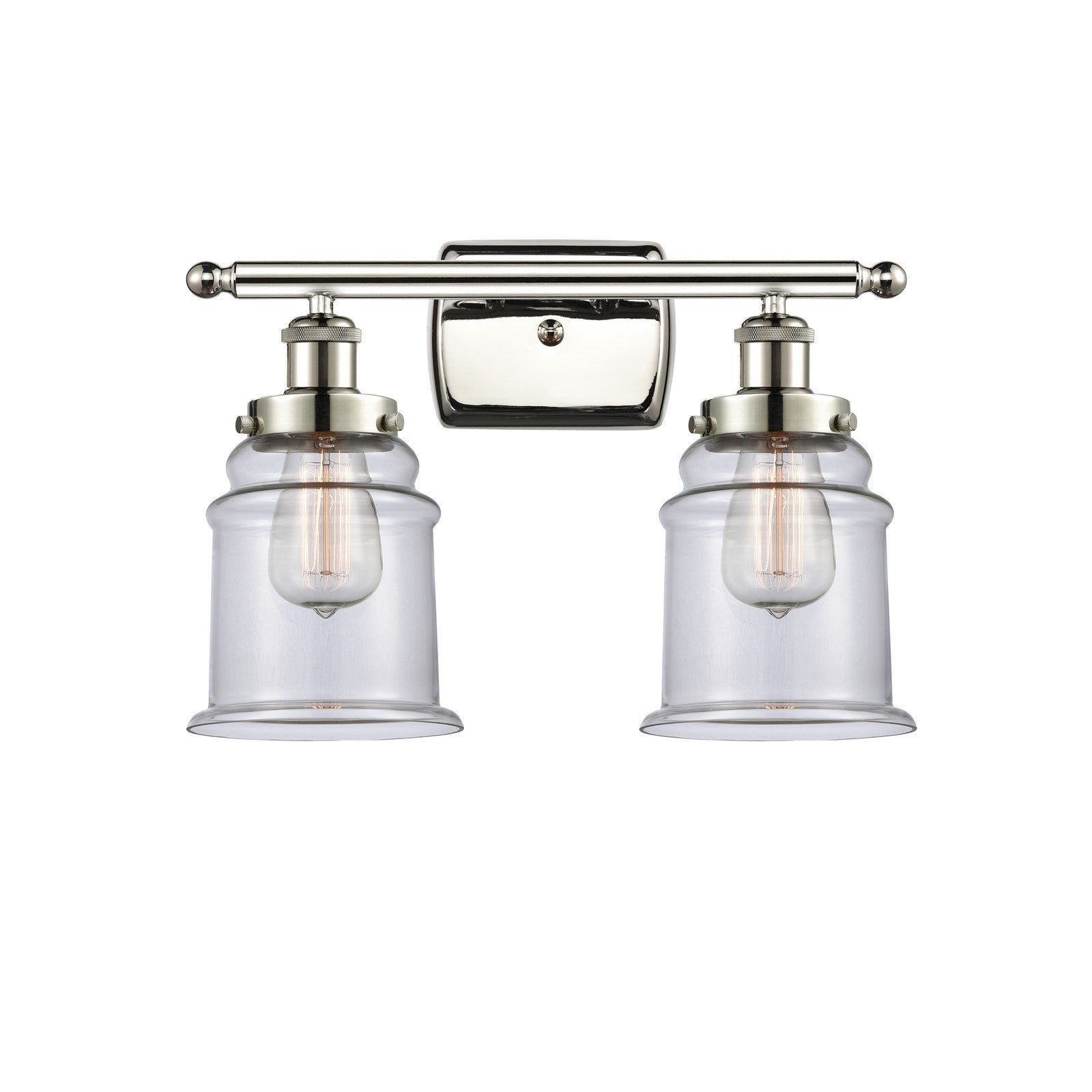Innovations Canton 16in 2-Light Bath Vanity Light | Modern Contempo Polished Nickel Steel and Clear Glass Schoolhouse Shade | Model 916-2W-PN-G182