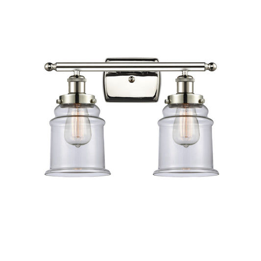 Innovations Canton 16in 2-Light Bath Vanity Light | Modern Contempo Polished Nickel Steel and Clear Glass Schoolhouse Shade | Model 916-2W-PN-G182
