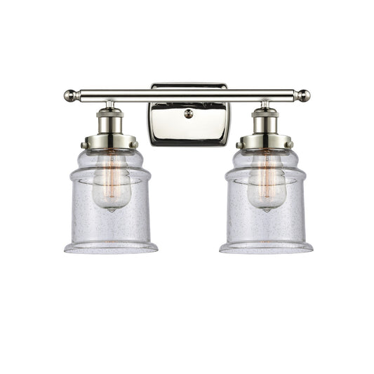 Innovations Canton 16in 2-Light Bath Vanity Light | Polished Nickel Steel and Seedy Glass Schoolhouse Shade | Bathroom Vanity | Model 916-2W-PN-G184