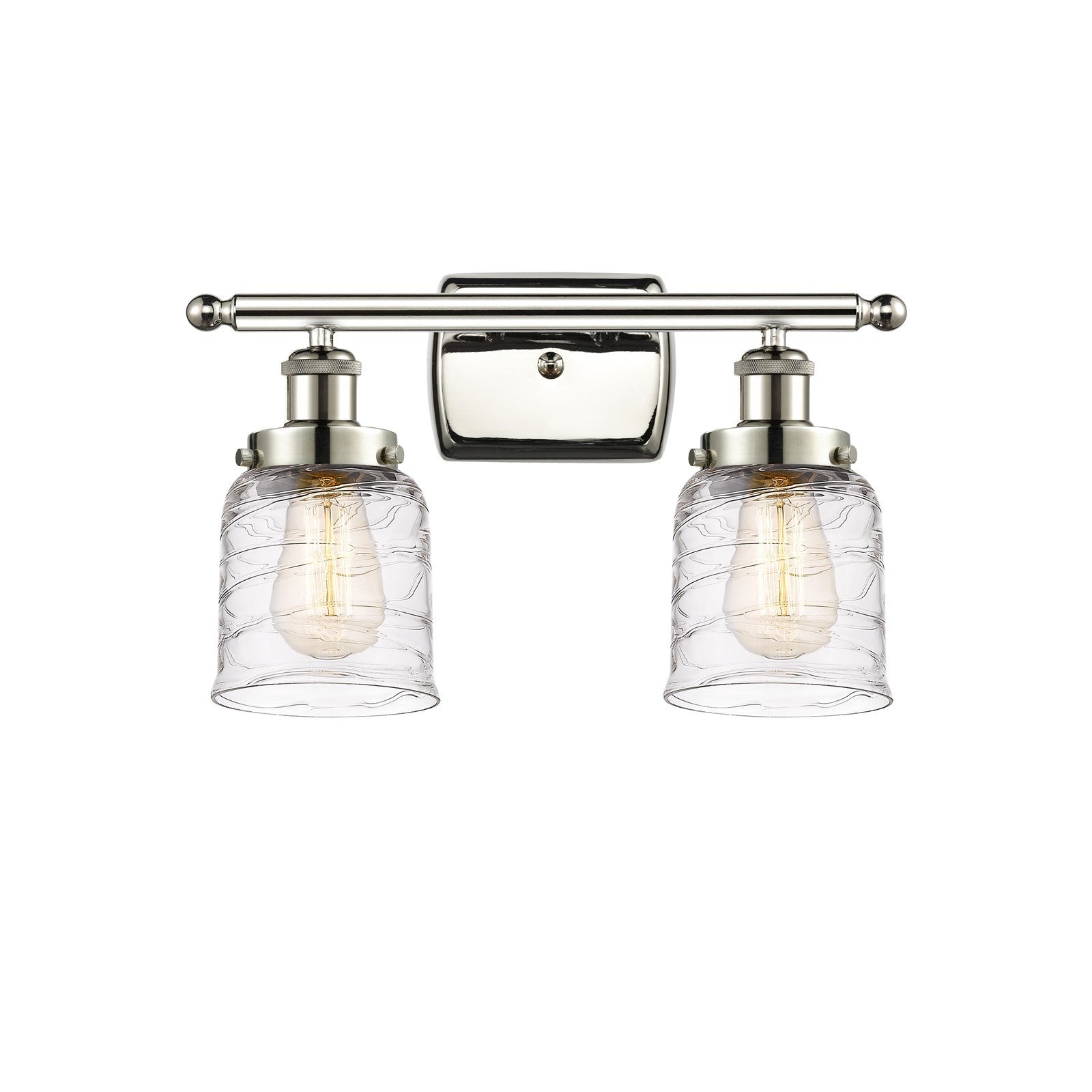 Innovations Bell 16in 2-Light Bath Vanity Light | Industrial Transitional Polished Nickel and Clear Deco Swirl Glass | Bathroom | Model 916-2W-PN-G513-LED