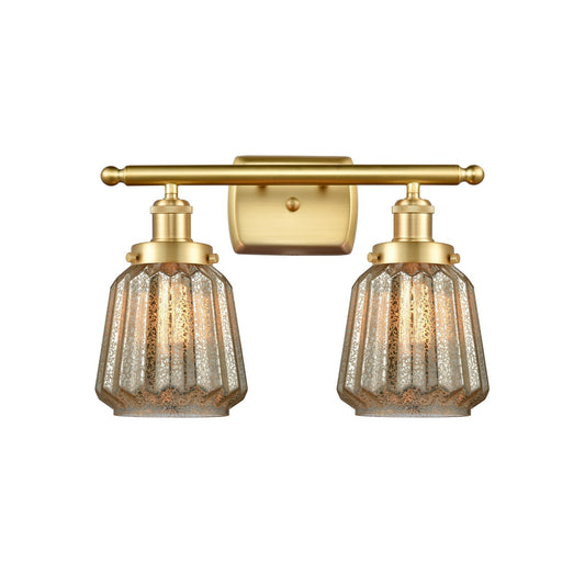 Innovations Chatham 17in 2-Light Bath Vanity Light | Modern Transitional Satin Gold Steel and Mercury Ribbed Glass | Bathroom | Model 916-2W-SG-G146