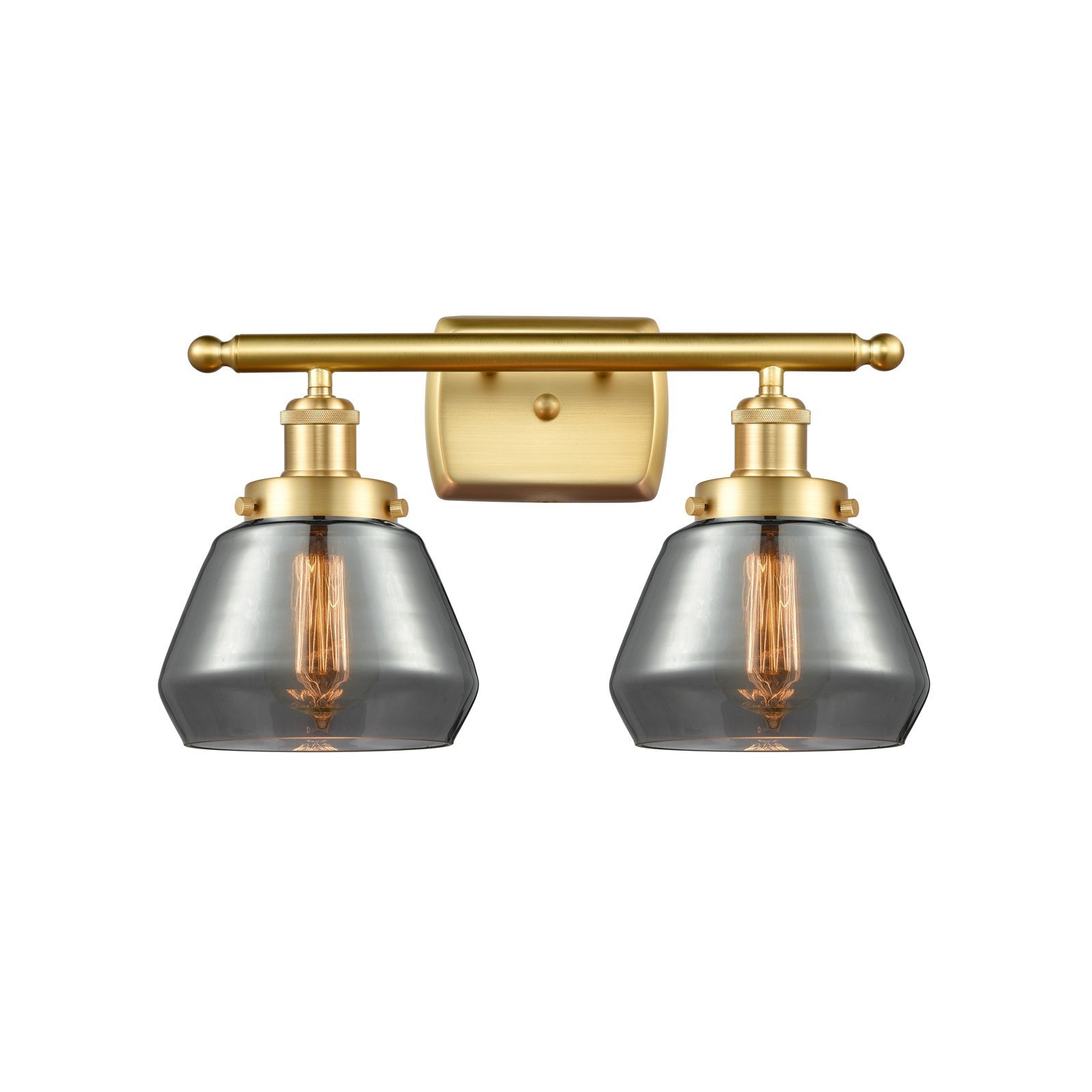 Innovations Fulton 17in 2-Light Bath Vanity Light | Modern Transitional Satin Gold Steel and Smoked Glass Schoolhouse Shade | Model 916-2W-SG-G173