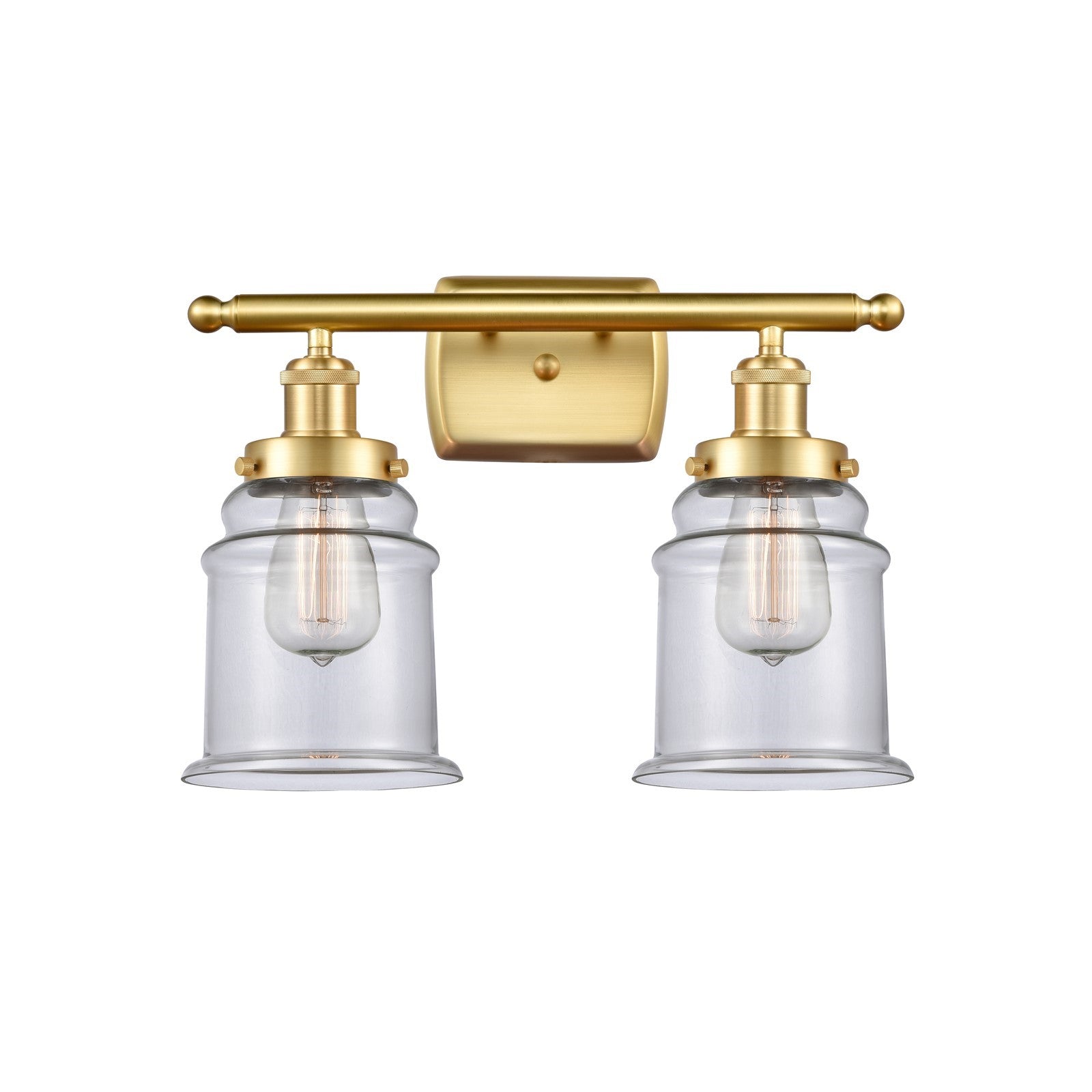 Innovations Canton 16in 2-Light Bath Vanity Light | Modern Contempo Satin Gold Steel and Clear Glass Schoolhouse Shade | Bathroom | Model 916-2W-SG-G182