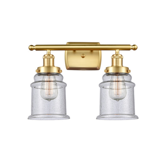 Innovations Canton 16in 2-Light Bath Vanity Light | Modern Contempo Satin Gold Steel and Seedy Glass Schoolhouse Shade | Bathroom | Model 916-2W-SG-G184
