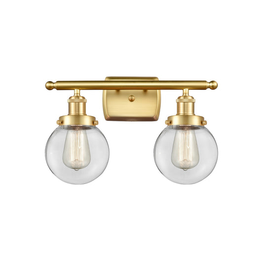 Innovations Beacon 16in 2-Light Bath Vanity Light | Modern Transitional Satin Gold Steel and Clear Glass | Bathroom Vanity | Model 916-2W-SG-G202-6