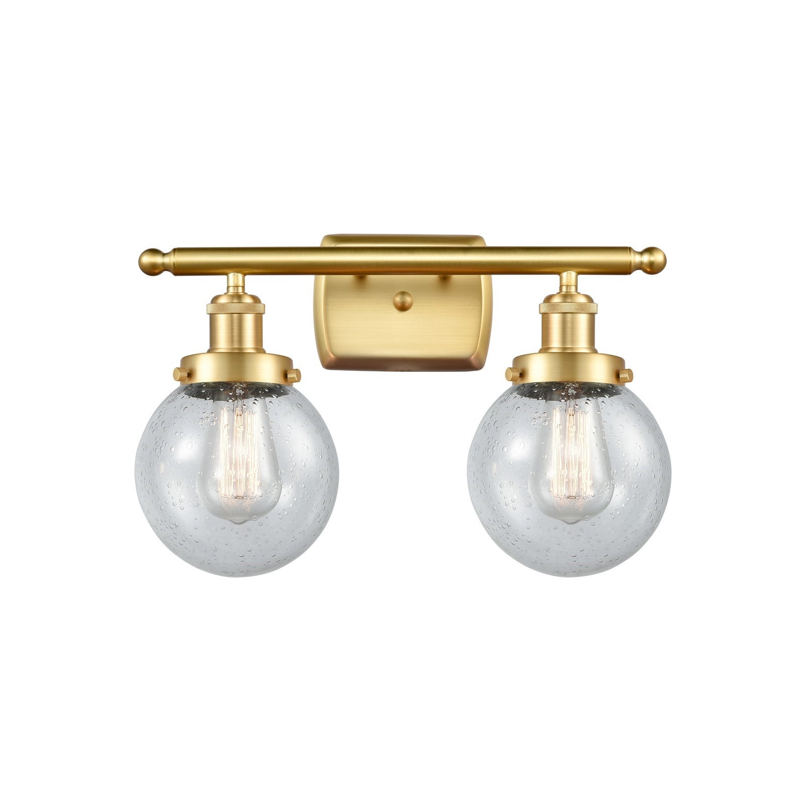Innovations Beacon 16in 2-Light Bath Vanity Light | Modern Transitional Satin Gold Steel and Seedy Glass | Bathroom Vanity | Model 916-2W-SG-G204-6