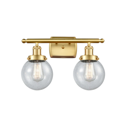 Innovations Beacon 16in 2-Light Bath Vanity Light | Modern Transitional Satin Gold Steel and Seedy Glass | Bathroom Vanity | Model 916-2W-SG-G204-6