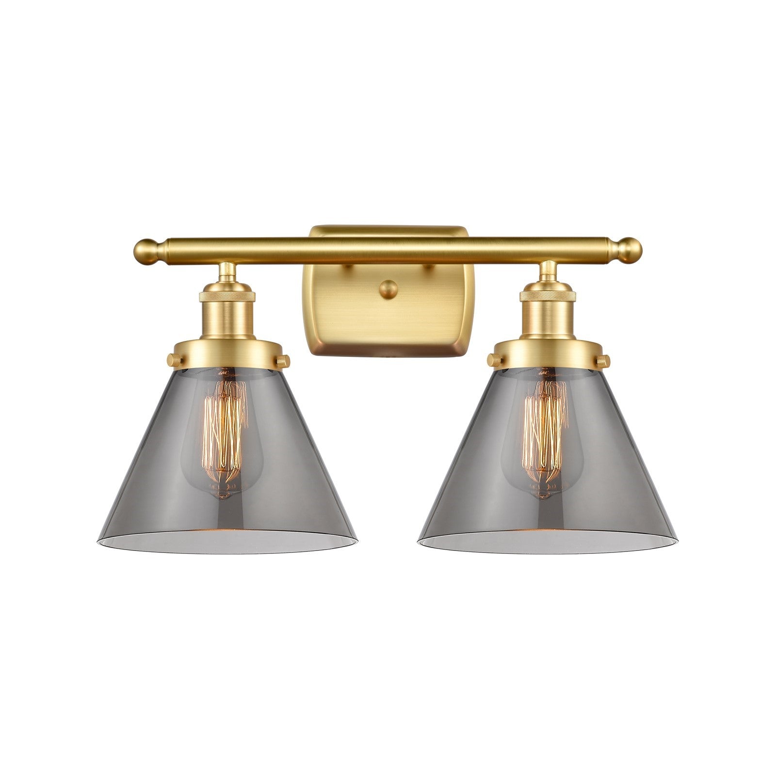 Innovations Cone 18in 2-Light Bath Vanity Light | Industrial Satin Gold Steel and Light Smoke Glass | Bathroom Vanity | 18 x 10.12 in | Model 916-2W-SG-G43