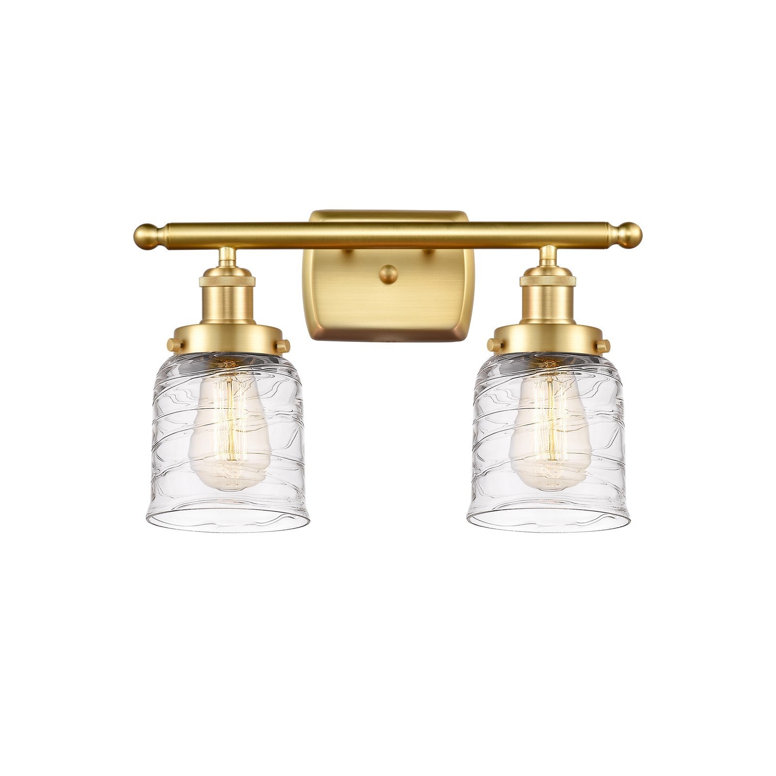 Innovations Bell 16in 2-Light Bath Vanity Light | Industrial Satin Gold Steel and Clear Deco Swirl Glass | Bathroom Vanity | Model 916-2W-SG-G513