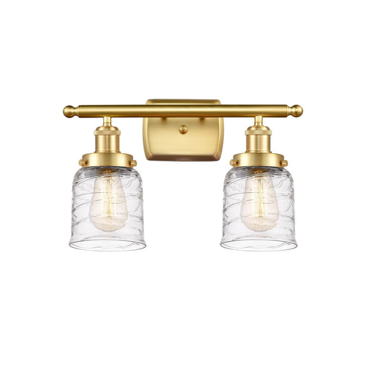 Innovations Bell 16in 2-Light Bath Vanity Light | Industrial Satin Gold Steel and Clear Deco Swirl Glass | Bathroom Vanity | Model 916-2W-SG-G513