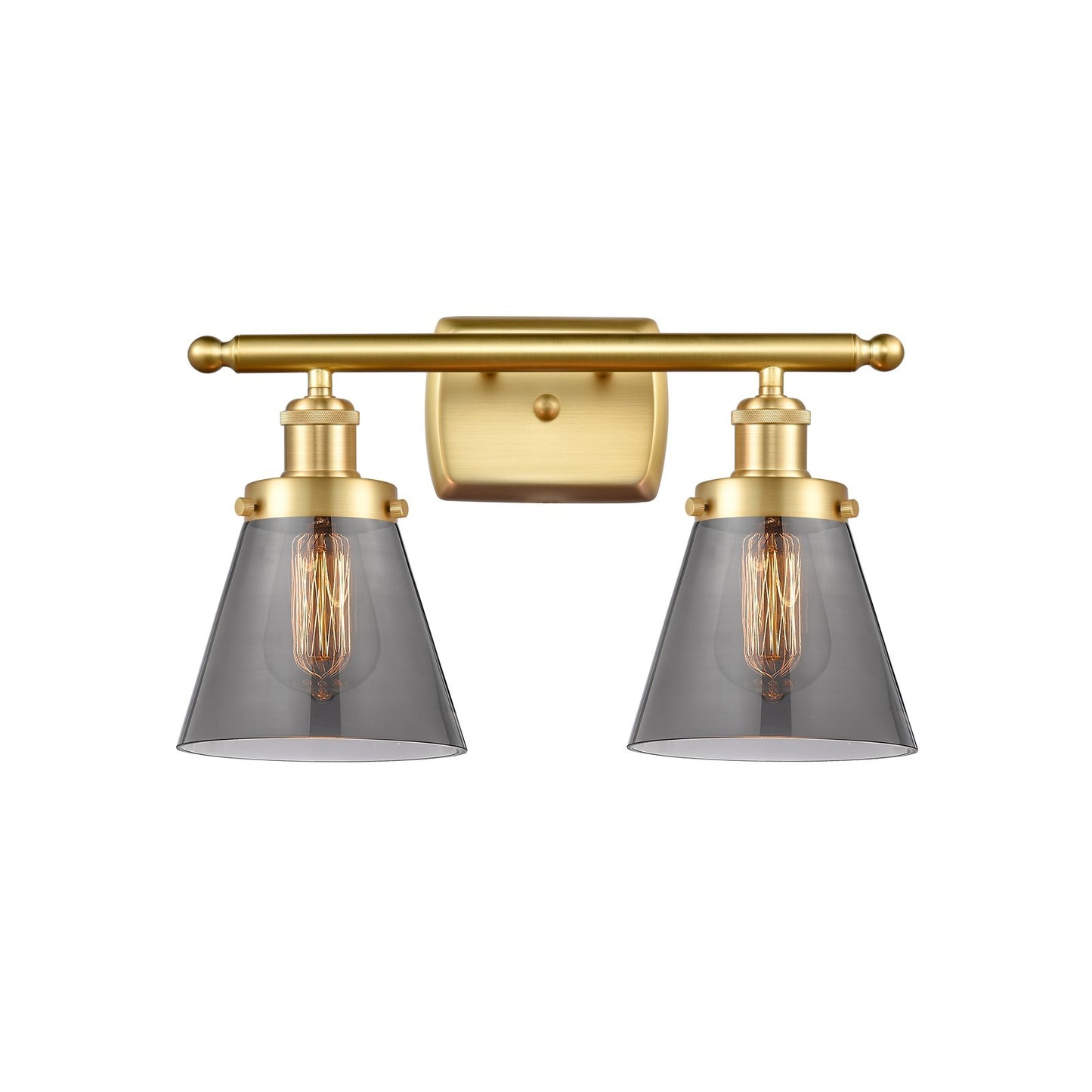 Innovations Cone 16in 2-Light Bath Vanity Light | Industrial Satin Gold Steel and Light Smoke Glass | Bathroom Vanity | 16 x 11 in | Model 916-2W-SG-G63