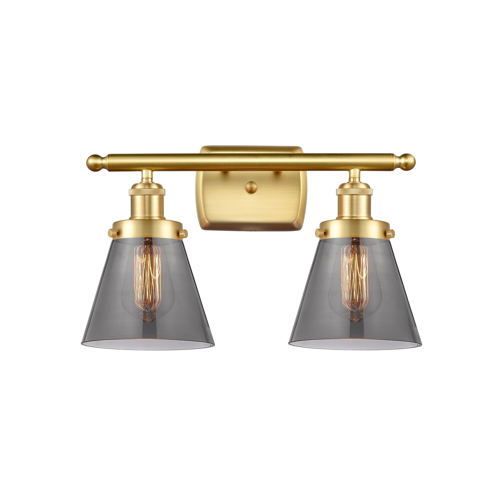 Innovations Cone 16in 2-Light Bath Vanity Light | Industrial Satin Gold Steel and Light Smoke Glass | Bathroom Vanity | 16 x 11 in | Model 916-2W-SG-G63