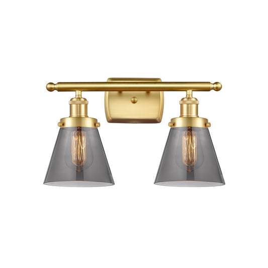 Innovations Cone 16in 2-Light Bath Vanity Light | Industrial Satin Gold Steel and Light Smoke Glass | Bathroom Vanity | 16 x 11 in | Model 916-2W-SG-G63