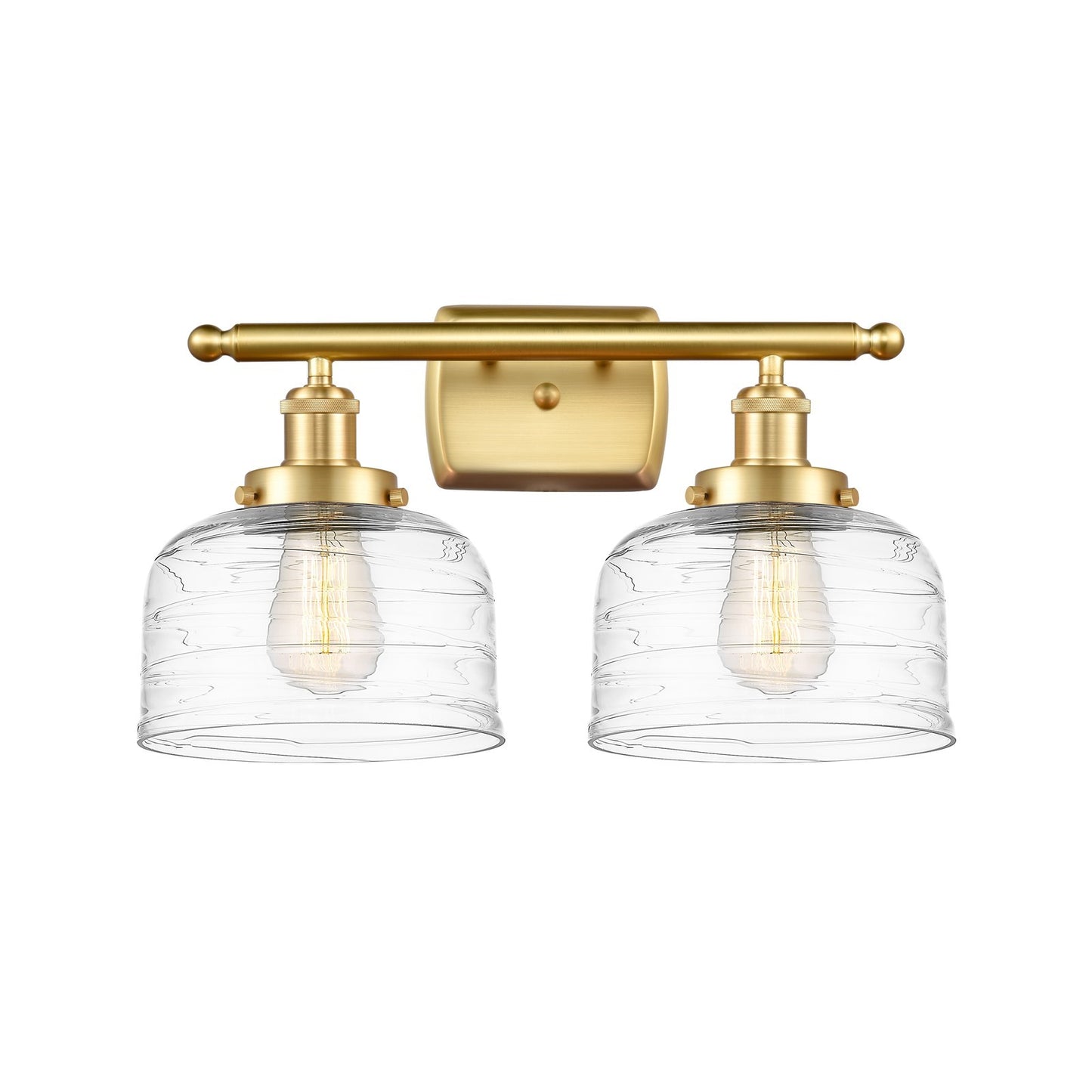 Innovations Bell 18in 2-Light Bath Vanity Light | Industrial Satin Gold Steel and Clear Deco Swirl Glass | Bathroom Vanity | Model 916-2W-SG-G713