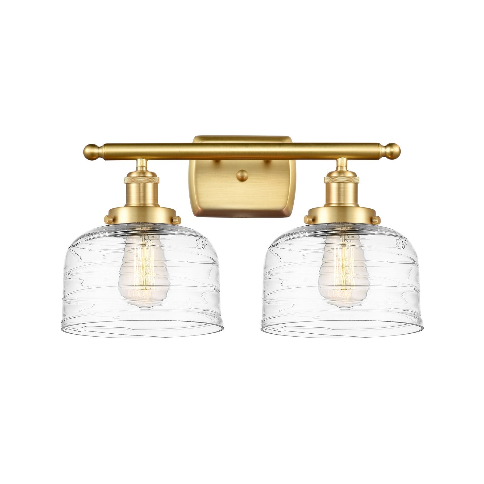 Innovations Bell 18in 2-Light Bath Vanity Light | Industrial Satin Gold Steel and Clear Deco Swirl Glass | Bathroom Vanity | Model 916-2W-SG-G713