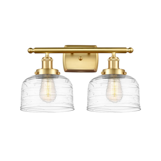 Innovations Bell 18in 2-Light Bath Vanity Light | Industrial Satin Gold Steel and Clear Deco Swirl Glass | Bathroom Vanity | Model 916-2W-SG-G713