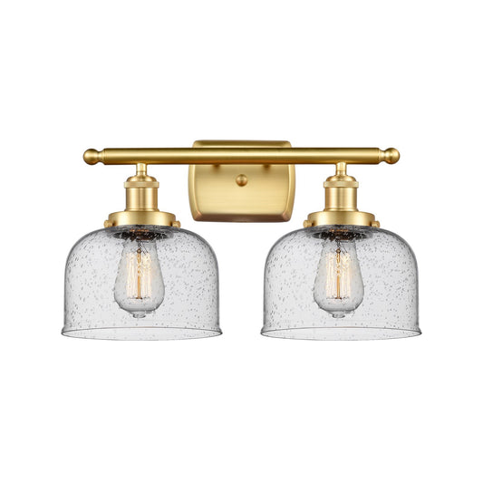 Innovations Bell 18in 2-Light Bath Vanity Light | Industrial Satin Gold Steel and Seedy Glass | Bathroom Vanity | 18 x 11 in | Model 916-2W-SG-G74
