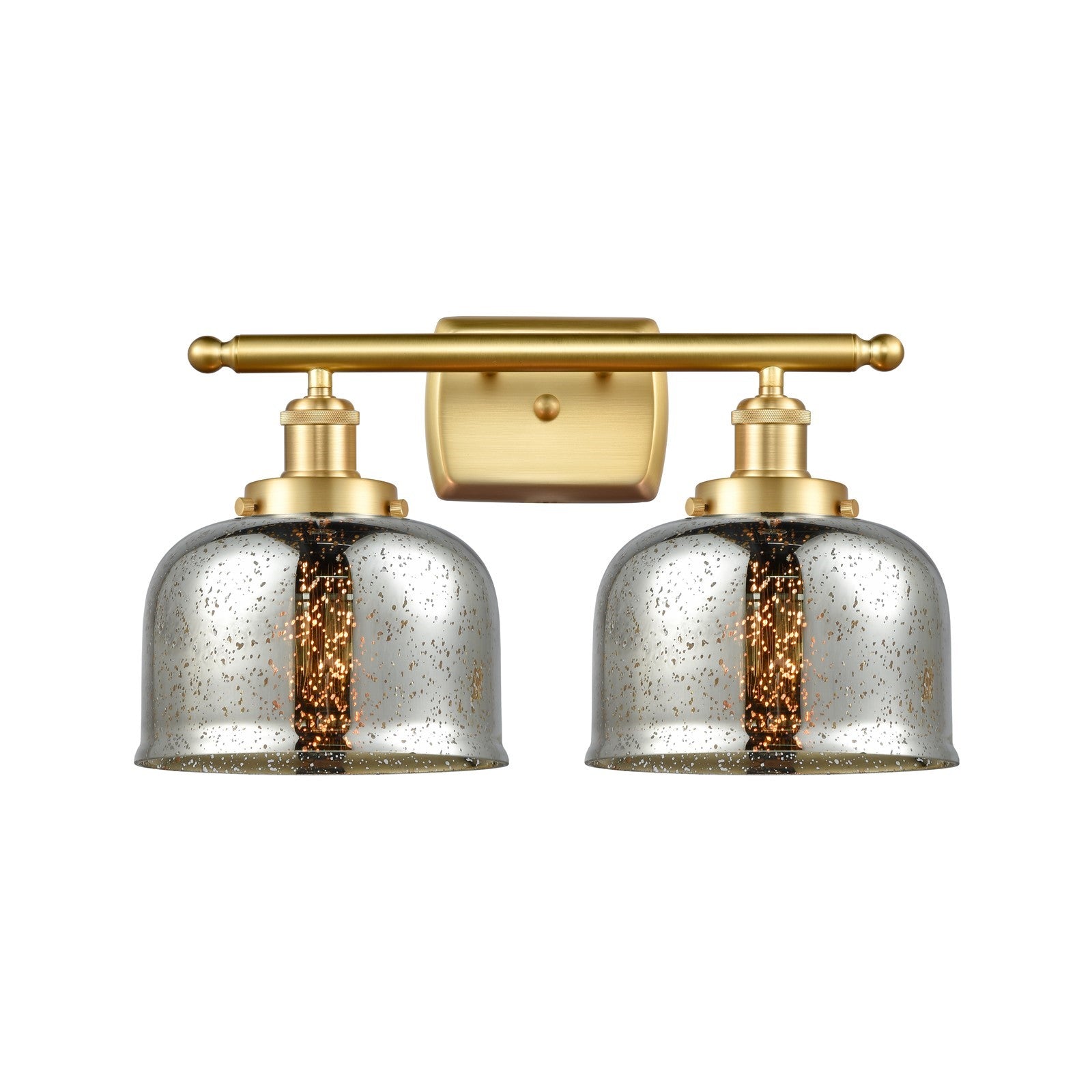 Innovations Bell 18in 2-Light Bath Vanity Light | Industrial Satin Gold Steel and Silver Plated Mercury Glass | Bathroom Vanity | Model 916-2W-SG-G78