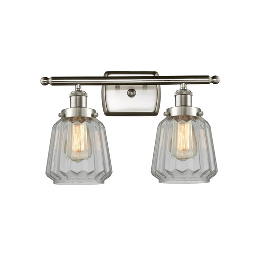 Innovations Chatham 17in 2-Light Bath Vanity Light | Modern Transitional Brushed Satin Nickel Steel and Cast Brass with Clear | Model 916-2W-SN-G142