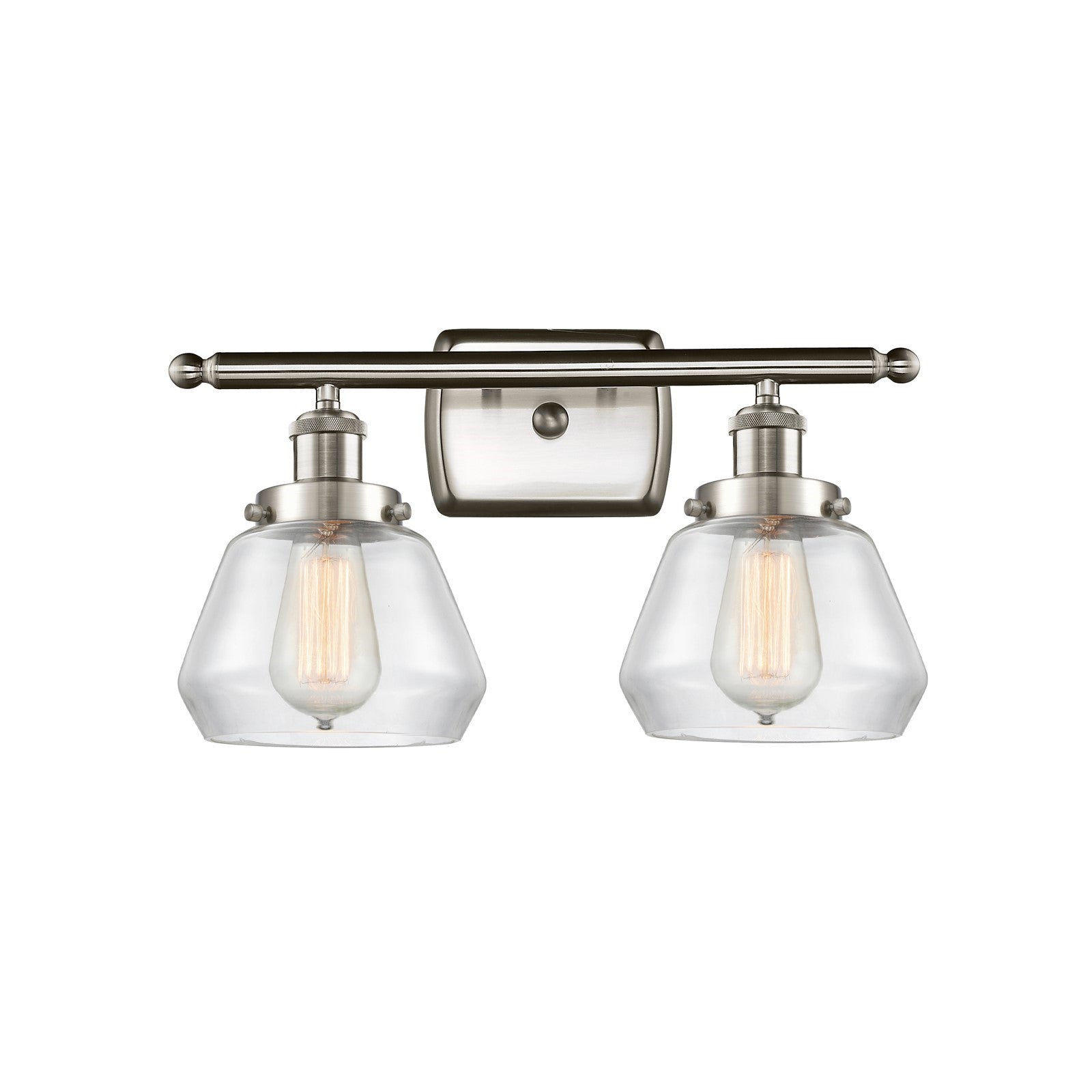 Innovations Fulton 17in 2-Light Bath Vanity | Modern Transitional Brushed Satin Nickel Steel and Clear Glass Schoolhouse Shade | Model 916-2W-SN-G172
