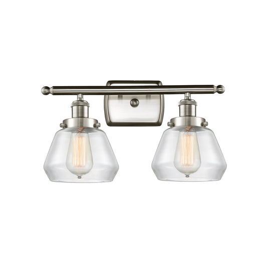 Innovations Fulton 17in 2-Light Bath Vanity | Modern Transitional Brushed Satin Nickel Steel and Clear Glass Schoolhouse Shade | Model 916-2W-SN-G172