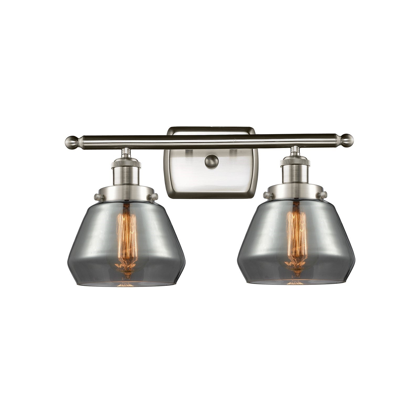 Innovations Fulton 17in 2-Light Bath Vanity | Modern Transitional Brushed Satin Nickel Steel and Light Smoke Glass Schoolhouse | Model 916-2W-SN-G173