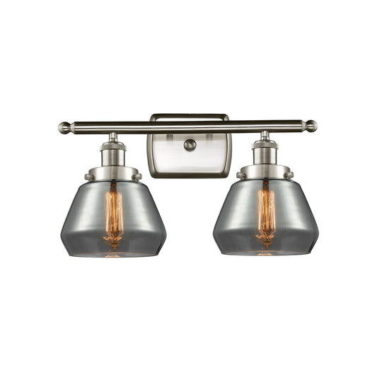 Innovations Fulton 17in 2-Light Bath Vanity | Modern Transitional Brushed Satin Nickel Steel and Light Smoke Glass Schoolhouse | Model 916-2W-SN-G173