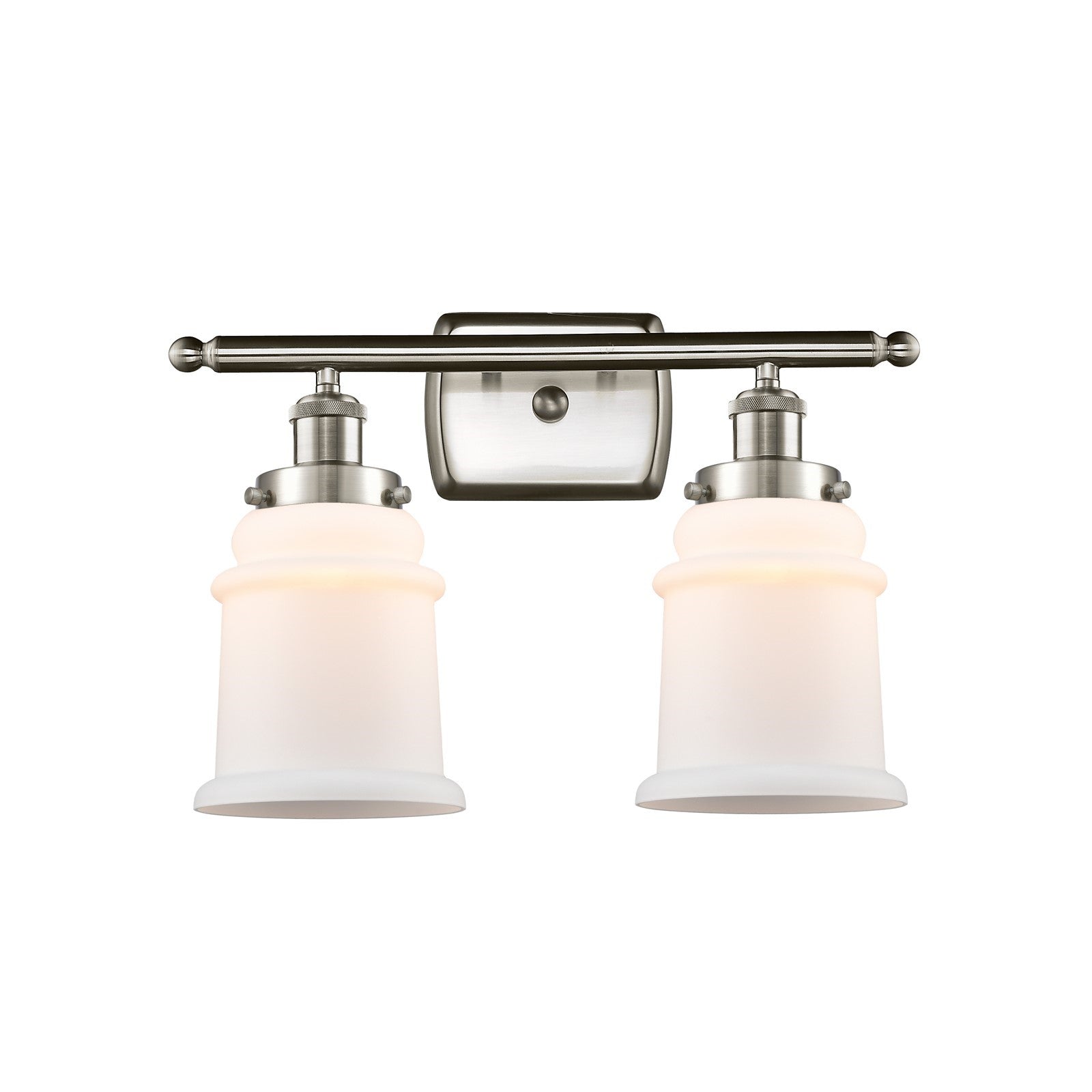 Innovations Canton 16in 2-Light Bath Vanity | Modern Transitional Brushed Satin Nickel Steel and Matte White Frosted Glass Bell | Model 916-2W-SN-G181
