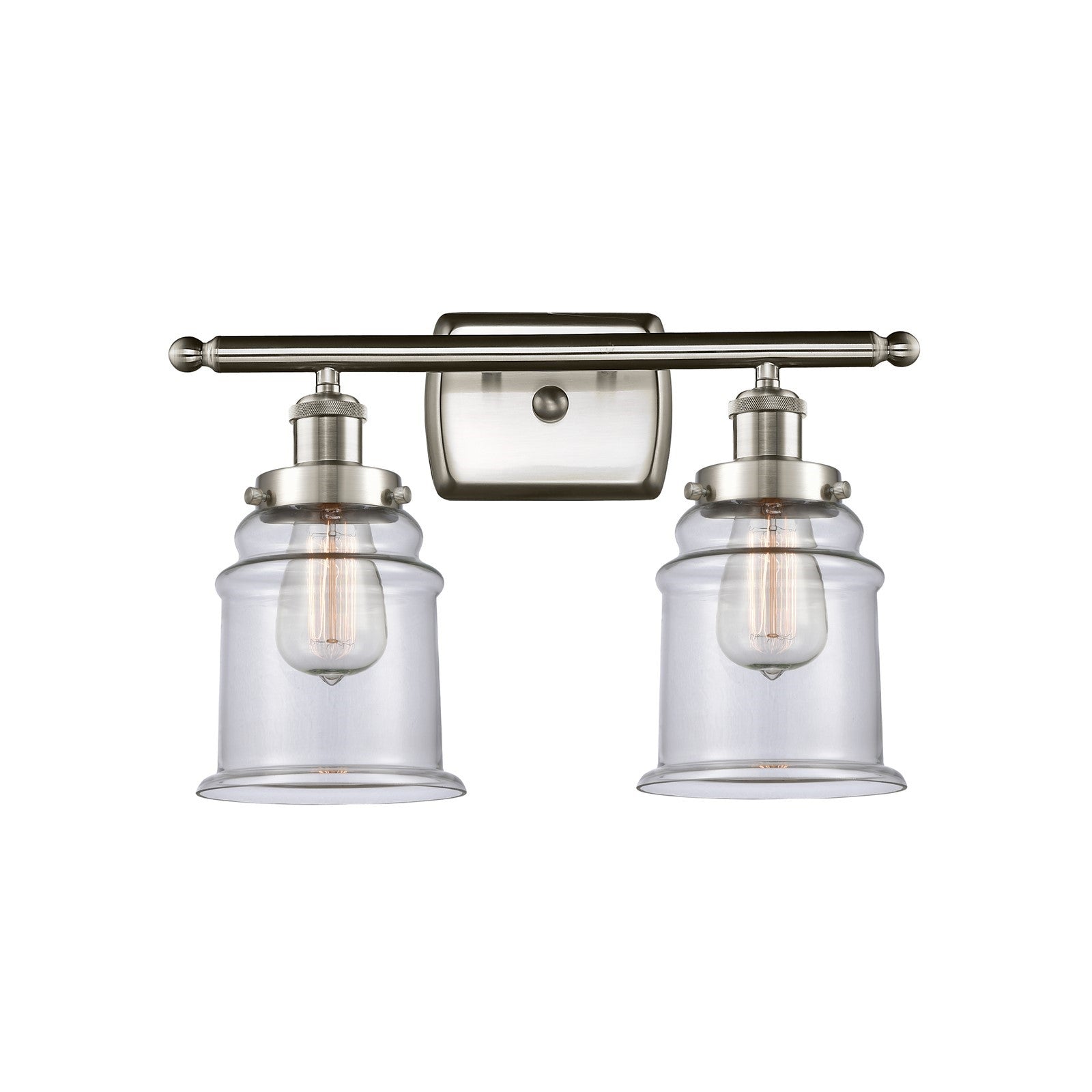 Innovations Canton 16in 2-Light Bath Vanity | Modern Contempo Brushed Satin Nickel and Clear Glass Schoolhouse Shade | Bathroom | Model 916-2W-SN-G182