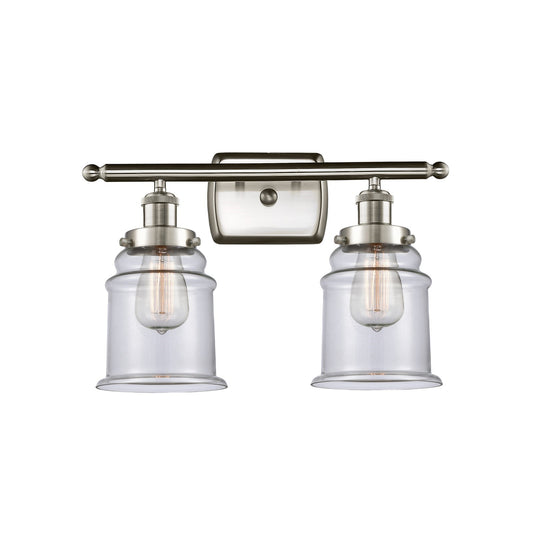 Innovations Canton 16in 2-Light Bath Vanity | Modern Contempo Brushed Satin Nickel and Clear Glass Schoolhouse Shade | Bathroom | Model 916-2W-SN-G182