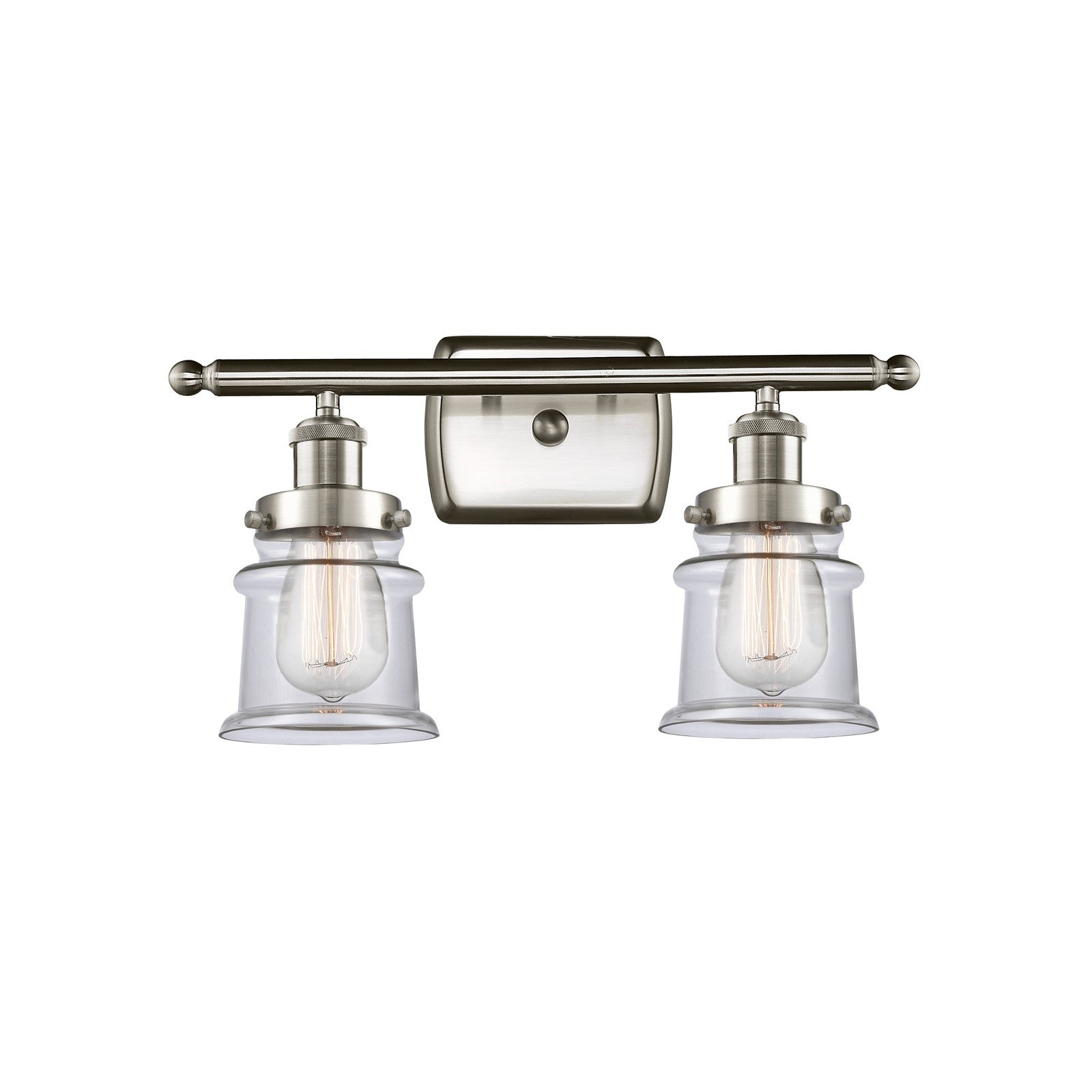 Innovations Canton 15.25in 2-Light Bath Vanity | Modern Contempo Brushed Satin Nickel and Clear Glass Schoolhouse Shade | Bathroom | Model 916-2W-SN-G182S