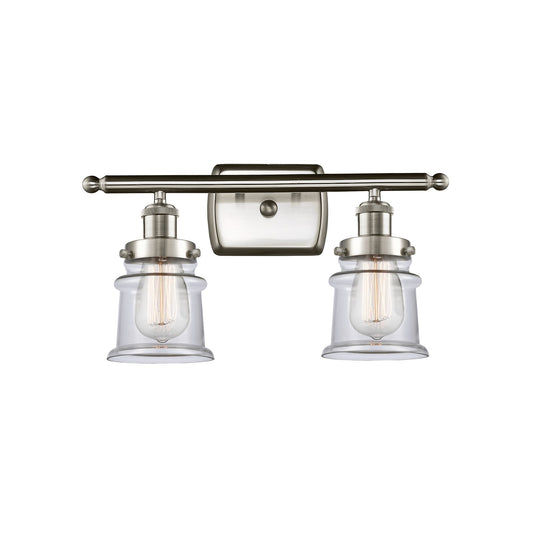 Innovations Canton 15.25in 2-Light Bath Vanity | Modern Contempo Brushed Satin Nickel and Clear Glass Schoolhouse Shade | Bathroom | Model 916-2W-SN-G182S