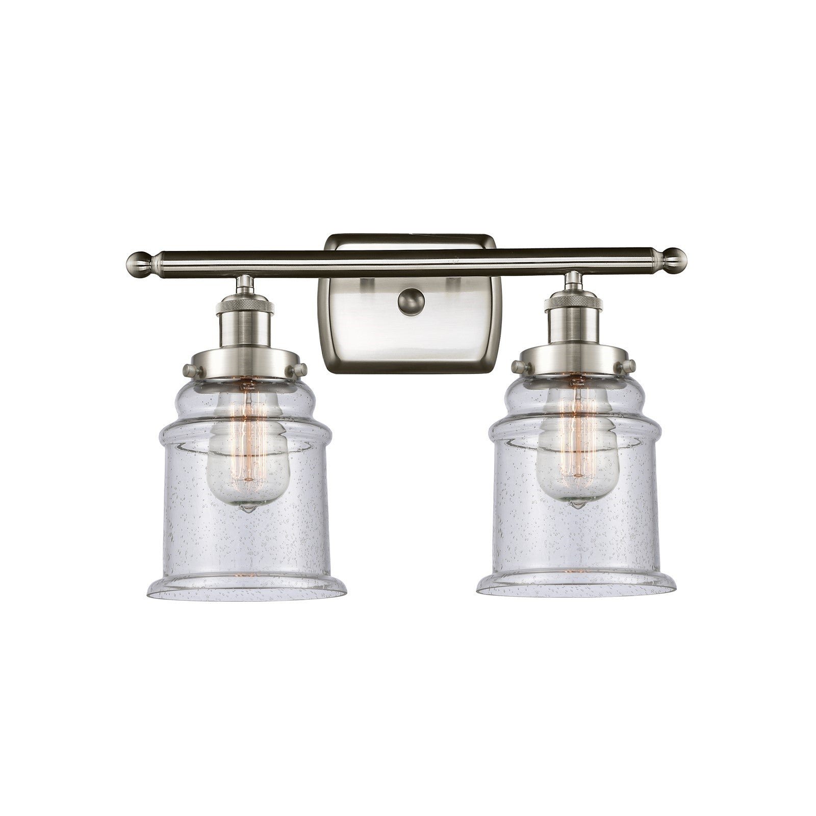 Innovations Canton 16in 2-Light Bath Vanity | Modern Contempo Brushed Satin Nickel and Seedy Glass Schoolhouse Shade | Bathroom | Model 916-2W-SN-G184
