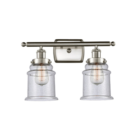 Innovations Canton 16in 2-Light Bath Vanity | Modern Contempo Brushed Satin Nickel and Seedy Glass Schoolhouse Shade | Bathroom | Model 916-2W-SN-G184