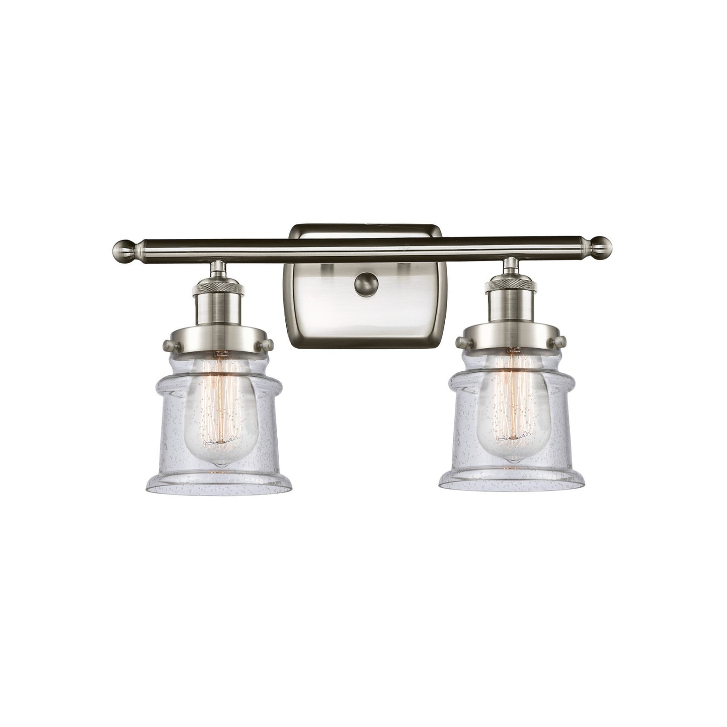Innovations Canton 15.25in 2-Light Bath Vanity | Modern Contempo Brushed Satin Nickel and Seedy Glass Schoolhouse Shade | Bathroom | Model 916-2W-SN-G184S
