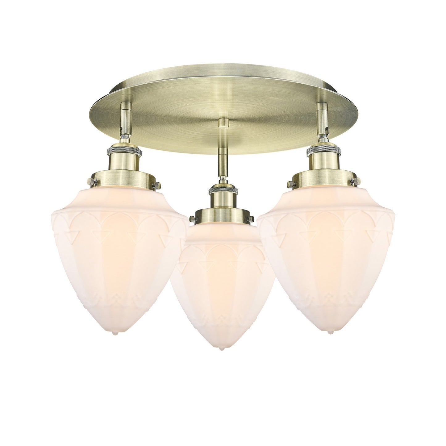 Innovations Bullet 18.75in 3-Light Semi-Flush Mount | Antique Brass Steel and Matte White Frosted Glass Schoolhouse Shades | Model 916-3C-AB-G661-7