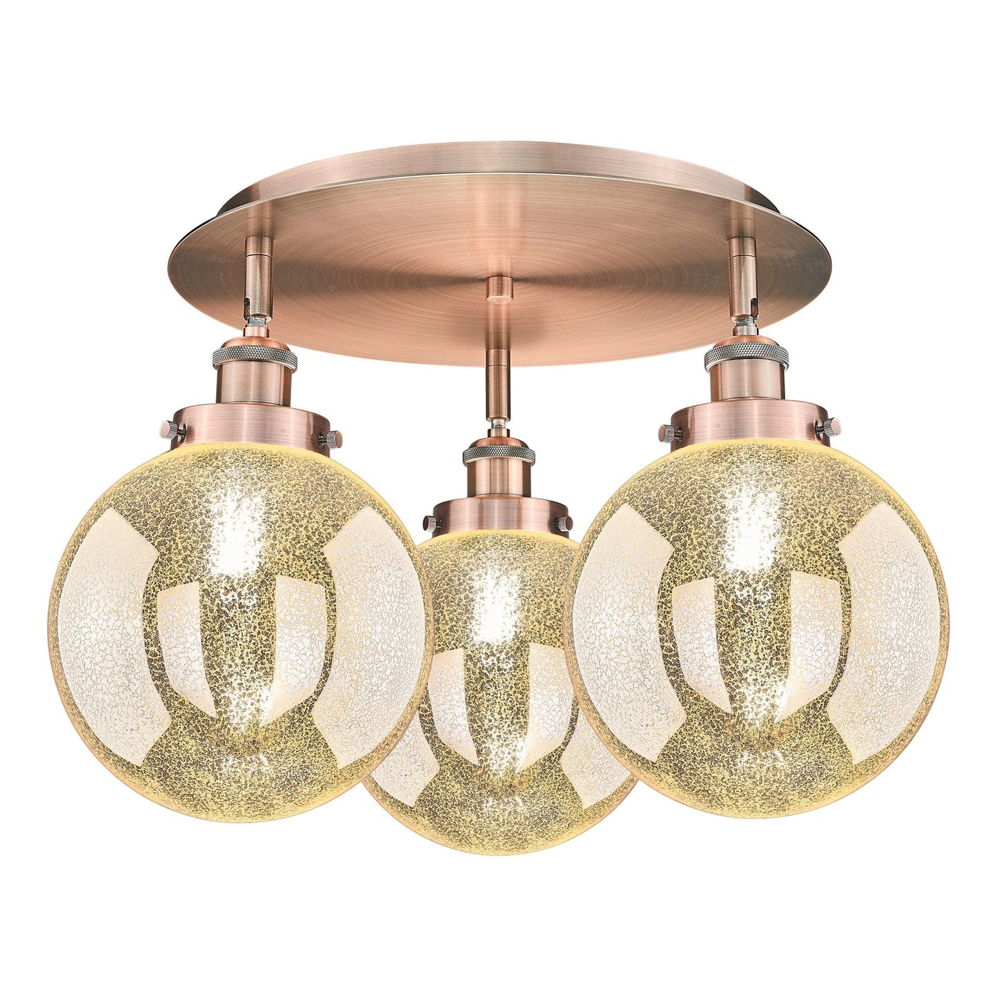 Innovations Beacon 20in 3-Light Semi-Flush Mount | Industrial Antique Copper Steel and Cast Brass with Mercury Glass Globe Shades | Model 916-3C-AC-G208-8