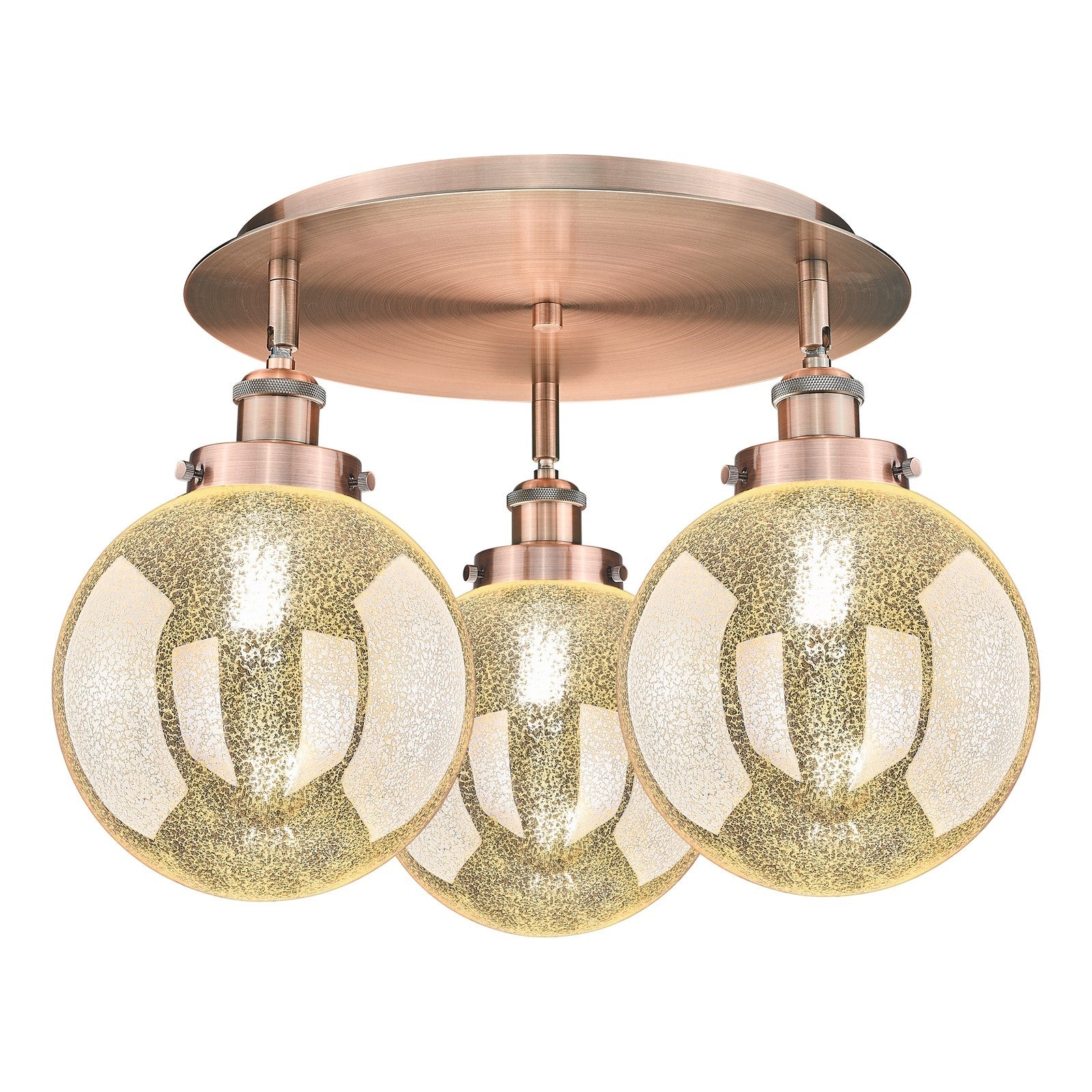 Innovations Beacon 20in 3-Light Semi-Flush Mount | Industrial Antique Copper Steel and Cast Brass with Mercury Glass Globe Shades | Model 916-3C-AC-G208-8