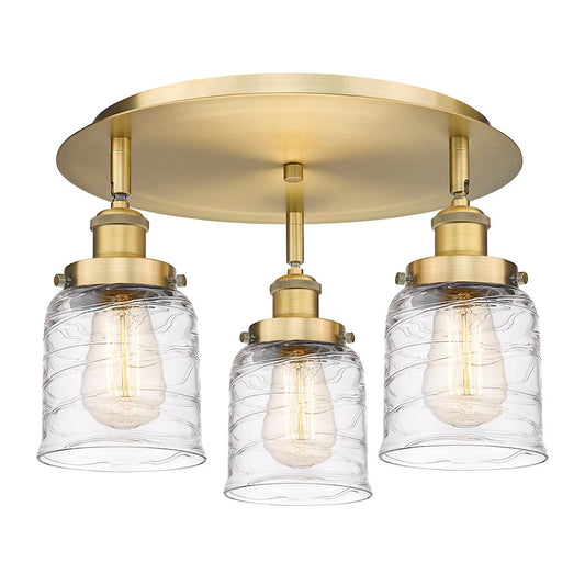 Innovations Lighting Bell 17in 3-Light Flush Mount | Industrial Brushed Brass Steel and Clear Deco Swirl Glass | Entryway & Hallway | Model 916-3C-BB-G513