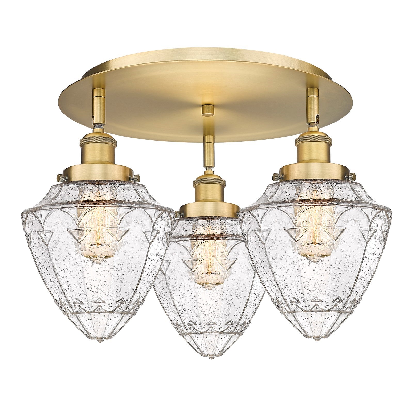 Innovations Bullet 18.75in 3-Light Semi-Flush Mount | Industrial Brushed Brass Steel and Seedy Glass | Kitchen & Hallway | Model 916-3C-BB-G664-7