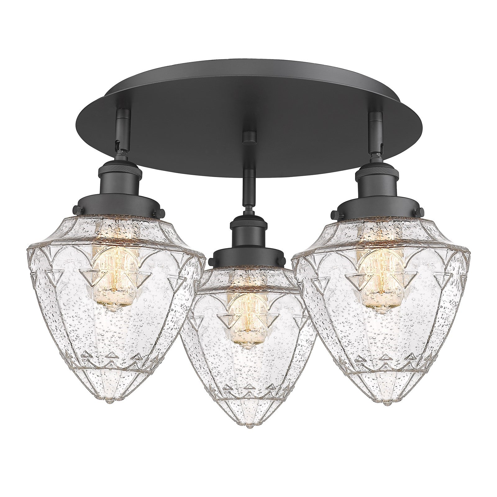 Innovations Bullet 19in 3-Light Semi-Flush Mount | Industrial Matte Black Steel and Seedy Glass | Damp-Rated Kitchen & Bathroom | Model 916-3C-BK-G664-7