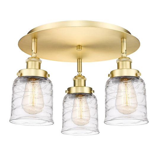 Innovations Lighting Bell 17in 3-Light Flush Mount | Art Nouveau Satin Gold Steel and Clear Deco Swirl Glass | Entryway & Hallway | Model 916-3C-SG-G513